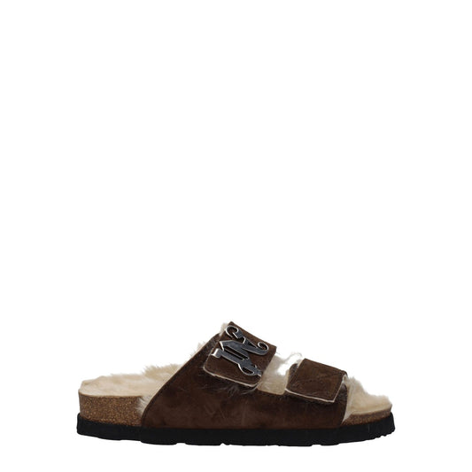 Palm Angels Brown Leather Slippers with strap closure and open toe design, featuring front logo, suede material, and rubber sole.