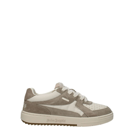 Palm Angels Beige Fabric Low Top Sneakers with logos, lace-up closure, rubber sole, and round toe design.