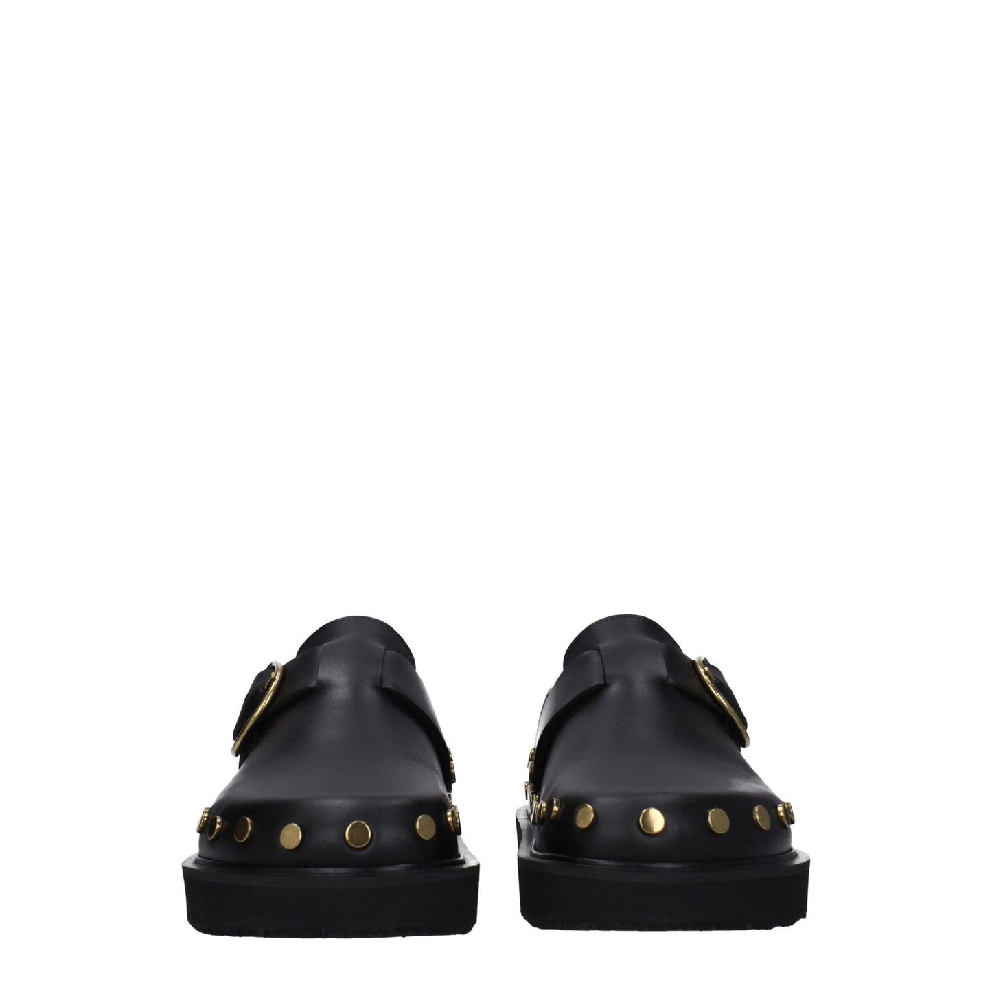 Isabel Marant Black Leather Slippers with gold studs, buckle closure, and vintage effect. MPN: ML0009FAA3B19SBKGO. Low flat heel.