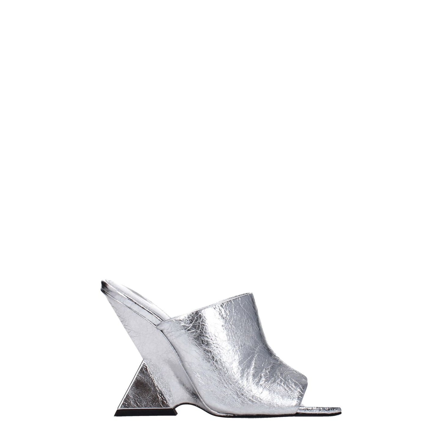 The Attico Gray Leather Platform Sandals with a high heel and open toe, featuring a vintage effect in silver leather, side view.