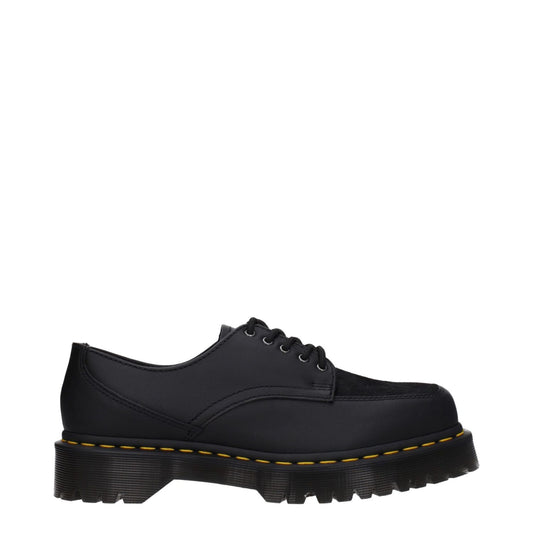 Dr. Martens Black Leather Oxfords And Derbies, lace-up design, mid heels, rubber sole, square toe.