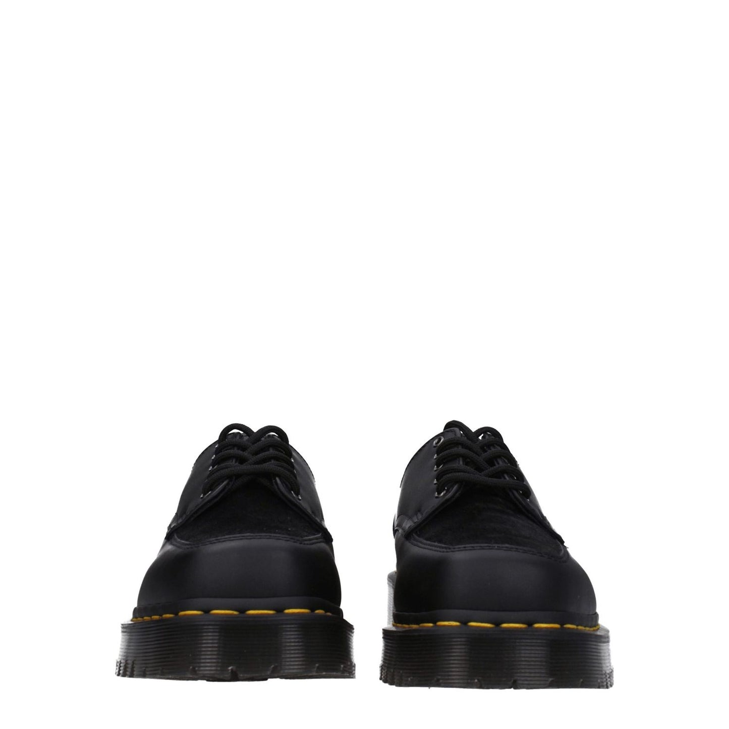 Dr. Martens Black Leather Oxfords And Derbies, casual style, square toe, rubber sole, lace up closure, side view.