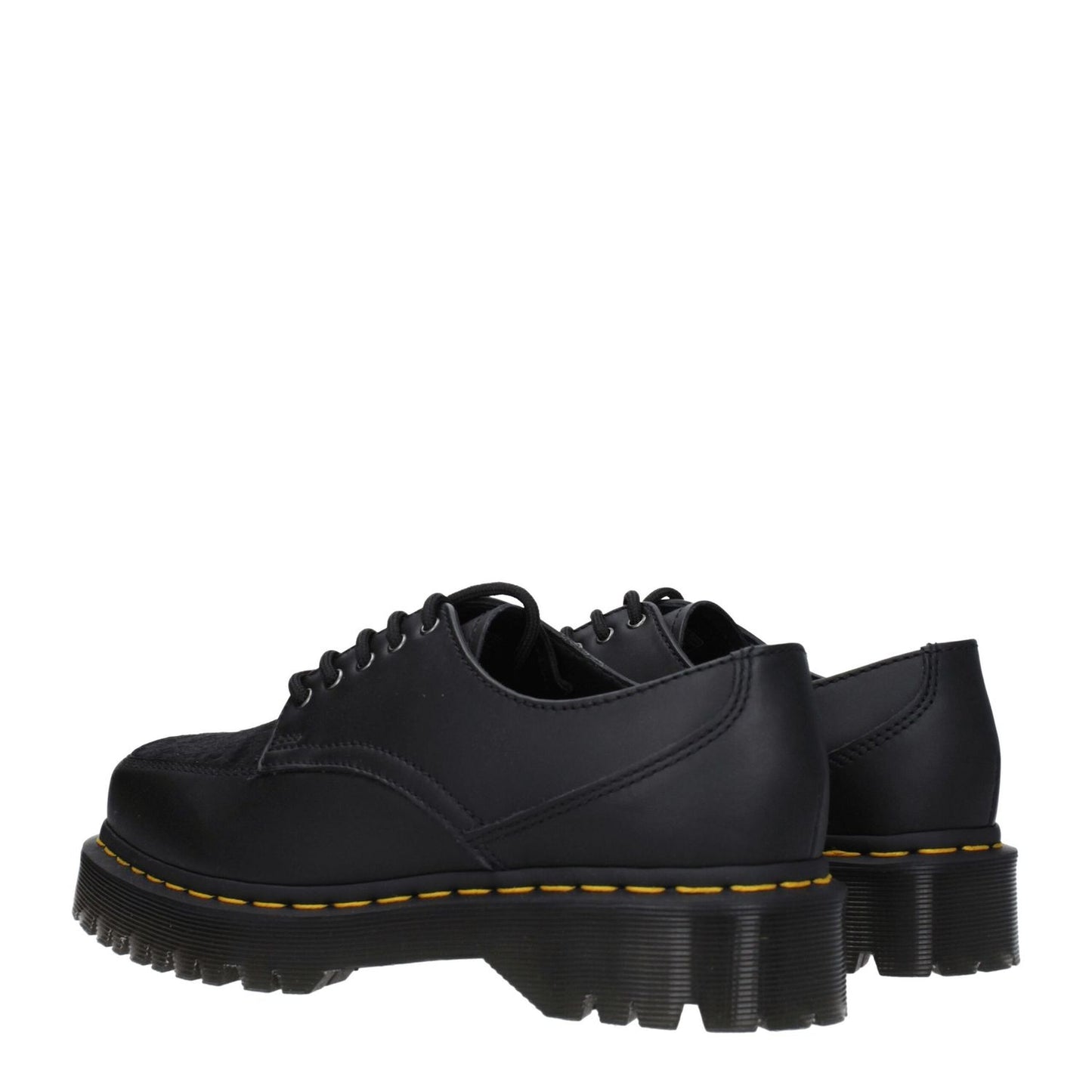 Dr. Martens Black Leather Oxfords And Derbies with lace up design, rubber sole, and square toe, featuring mid heels in a casual style.