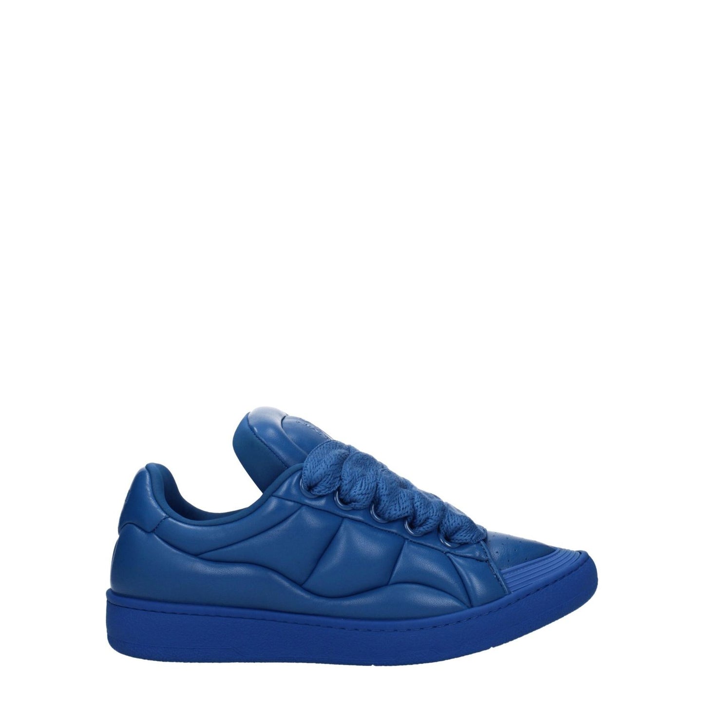 Lanvin Blue Leather Low Top Sneakers with lace-up closure, featuring front and back logos, round toe design, and rubber sole.