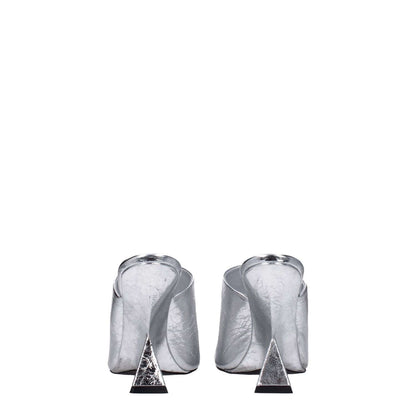 The Attico Gray Leather Platform Sandals with high heels and open toe design, featuring a silver vintage effect.