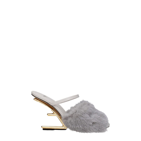 Fendi Gray Mink Slippers with high heel and open toe in light grey leather, featuring a side logo, 10 cm heel, casual style.