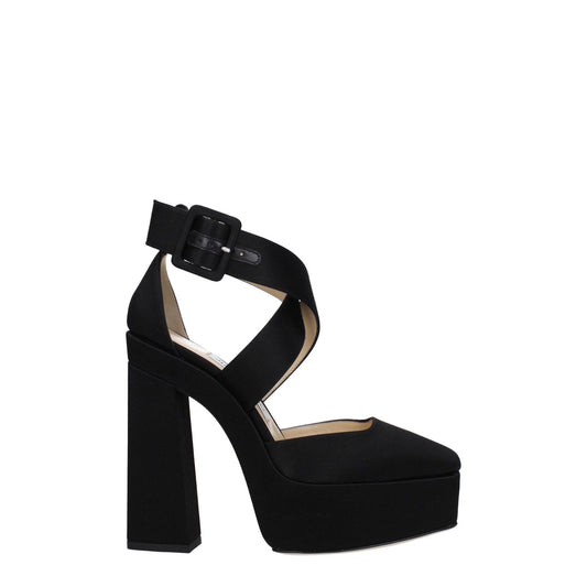 Jimmy Choo Black Satin Platform Sandals with buckle closure, high heel, and square toe in leather material. MPN GIAN140SATBLACK, F79346.