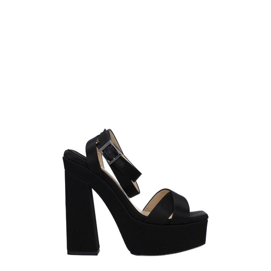 Jimmy Choo Black Satin Platform Sandals featuring high heel, buckle closure, and leather sole, MPN GAIA140SATBLACK, side view.