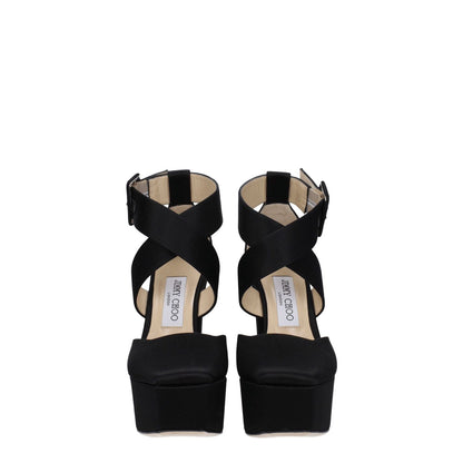 Jimmy Choo Black Satin Platform Sandals with buckle closure and high heel, featuring a leather sole and square toe design.