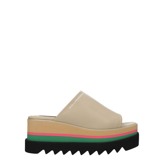 Stella McCartney Beige Leather Slippers with wedge heel, open toe, and side logo; eco leather material; casual style footwear.