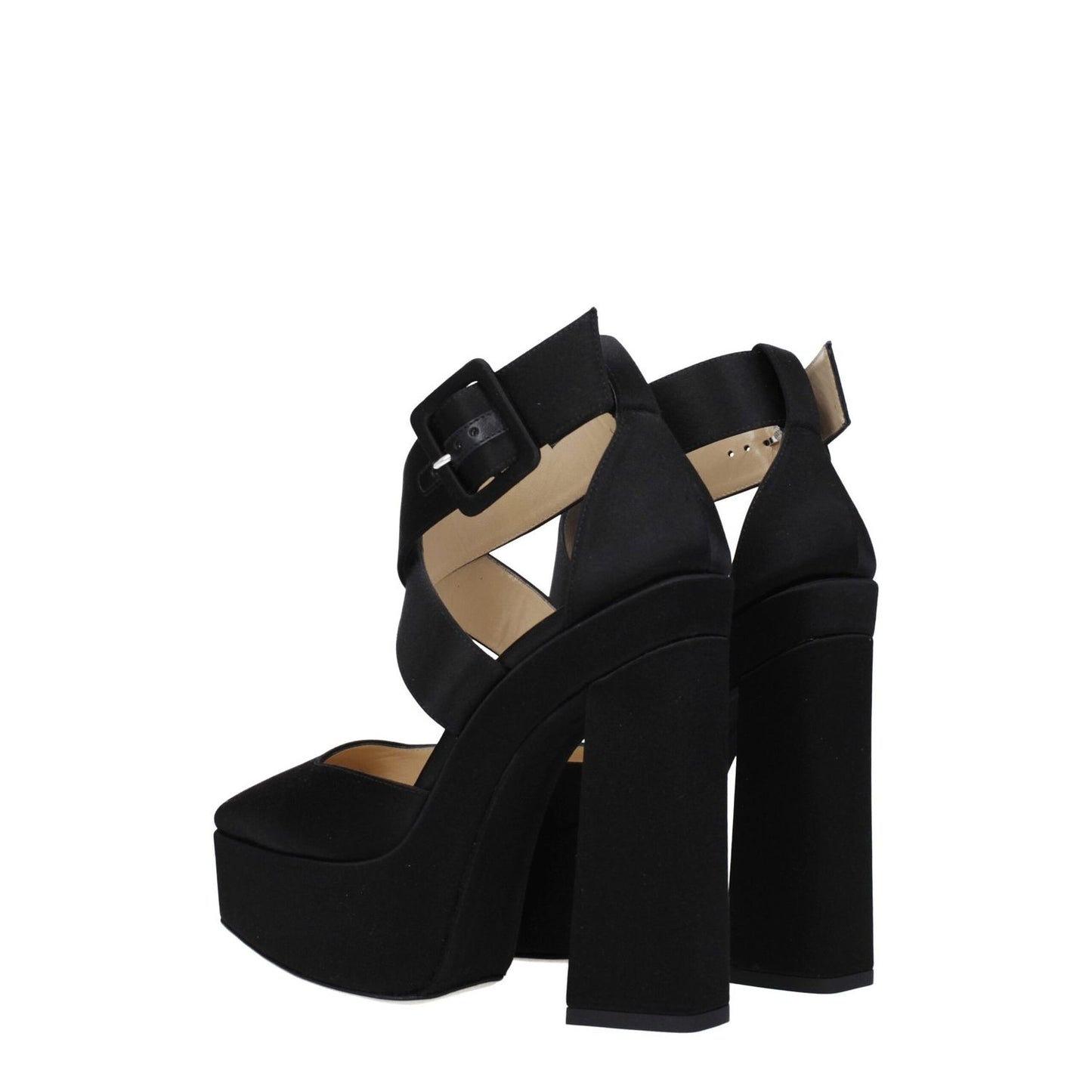 Jimmy Choo Black Satin Platform Sandals featuring buckle closure and high heel with square toe, style code F79346.