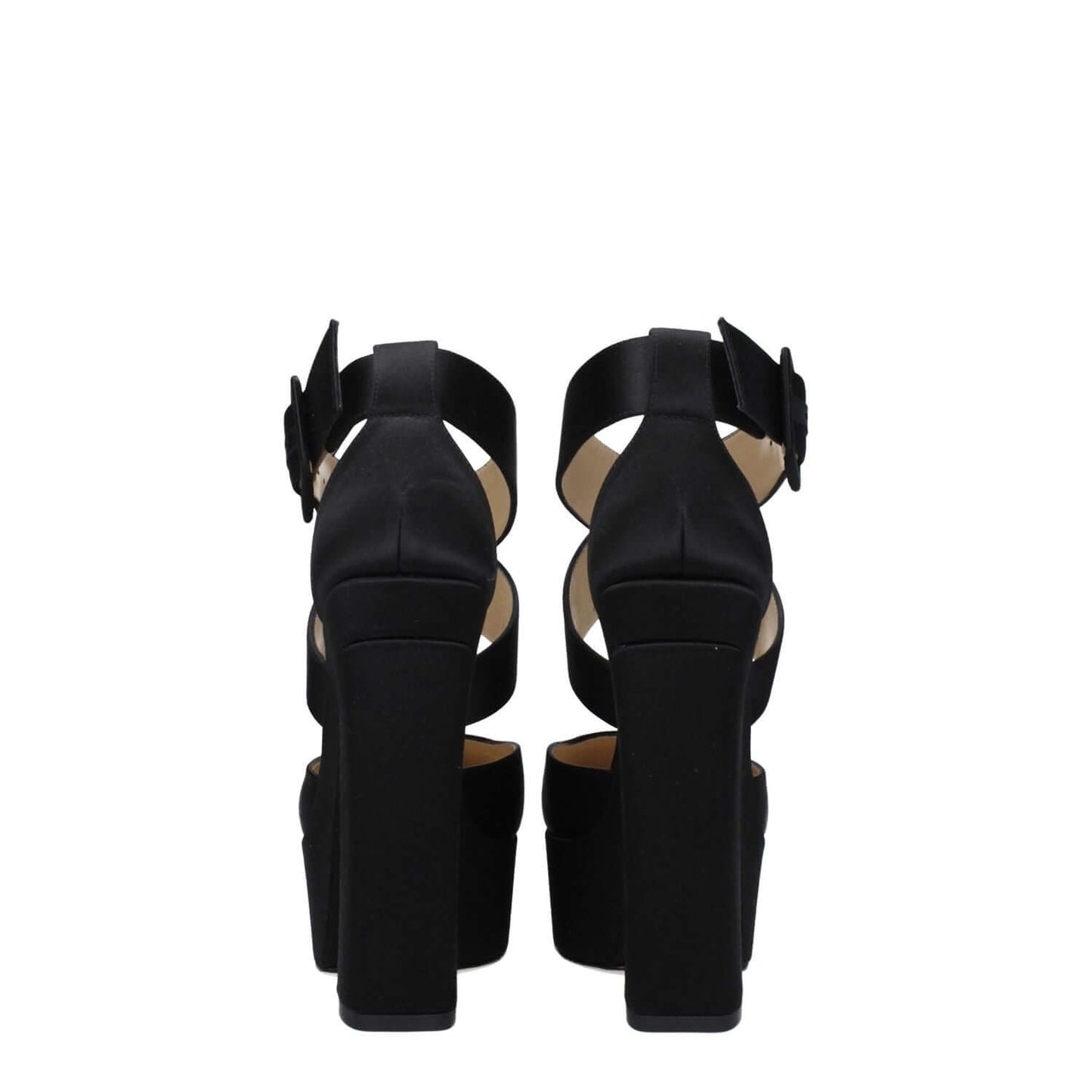 Jimmy Choo Black Satin Platform Sandals with high heel and buckle closure, rear view showing square toe design and leather sole.