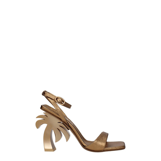 Palm Angels Gold Leather Platform Sandals with buckle closure and high heel in dark gold color, featuring open toe and palm tree detail.