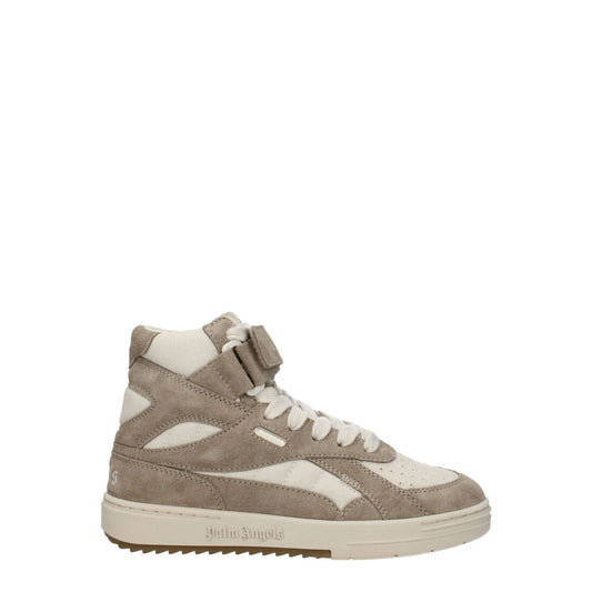 Palm Angels Beige Leather High Top Sneakers with strap closure, suede material, and rubber sole.