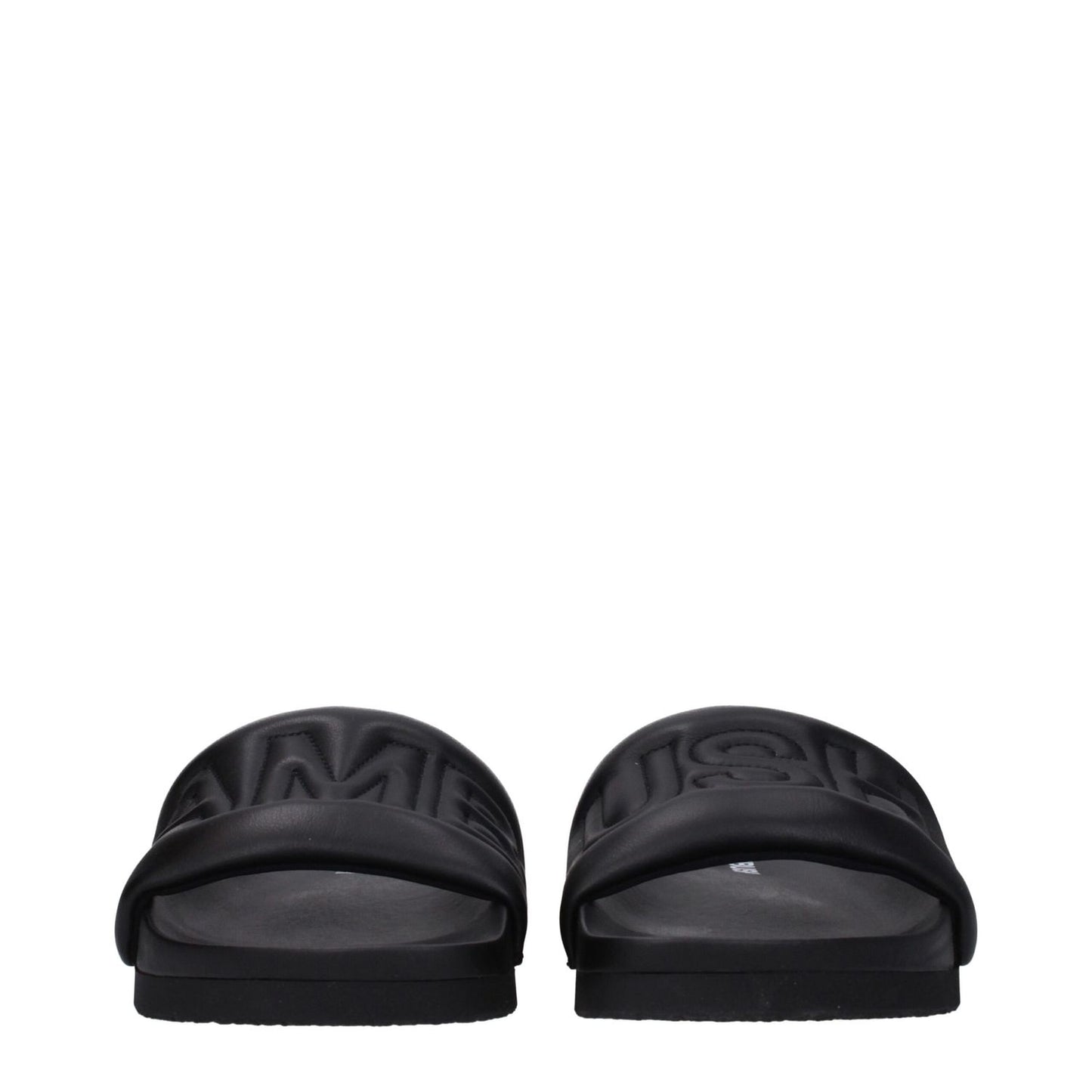 Ambush Black Leather Slippers with front logo, open toe design, leather material and rubber sole, MPN BMIC001LEA0011000.