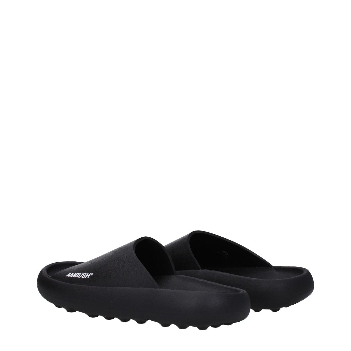 Ambush Black Cotton Slippers with rubber sole, open toe design, side logo, perfect for street style fashion.