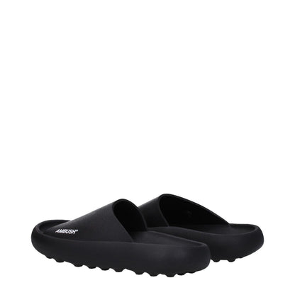 Ambush Black Cotton Slippers with rubber sole, open toe design, side logo, perfect for street style fashion.