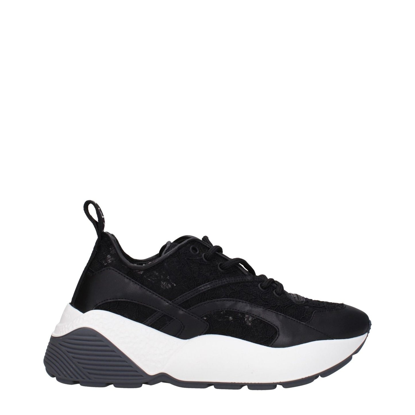 Stella McCartney Black Fabric Chunky Sneakers with rubber sole and lace-up closure, featuring a back logo and round toe design.