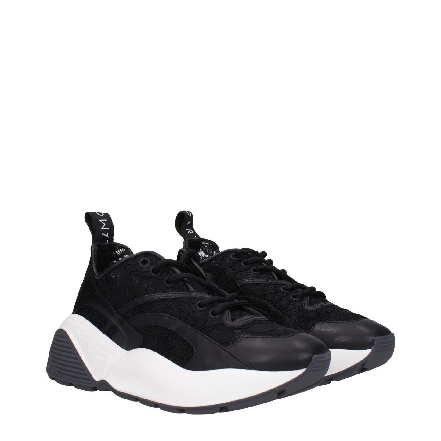 Stella McCartney Black Fabric Chunky Sneakers with round toe and mid heels, featuring a lace-up closure and rubber sole.