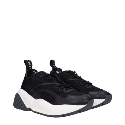 Stella McCartney Black Fabric Chunky Sneakers with round toe and mid heels, featuring a lace-up closure and rubber sole.