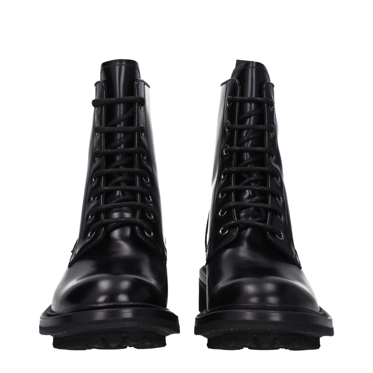 Church's Black Leather Ankle Boots with lace-up closure and low flat heel, featuring a vintage effect and rubber sole.