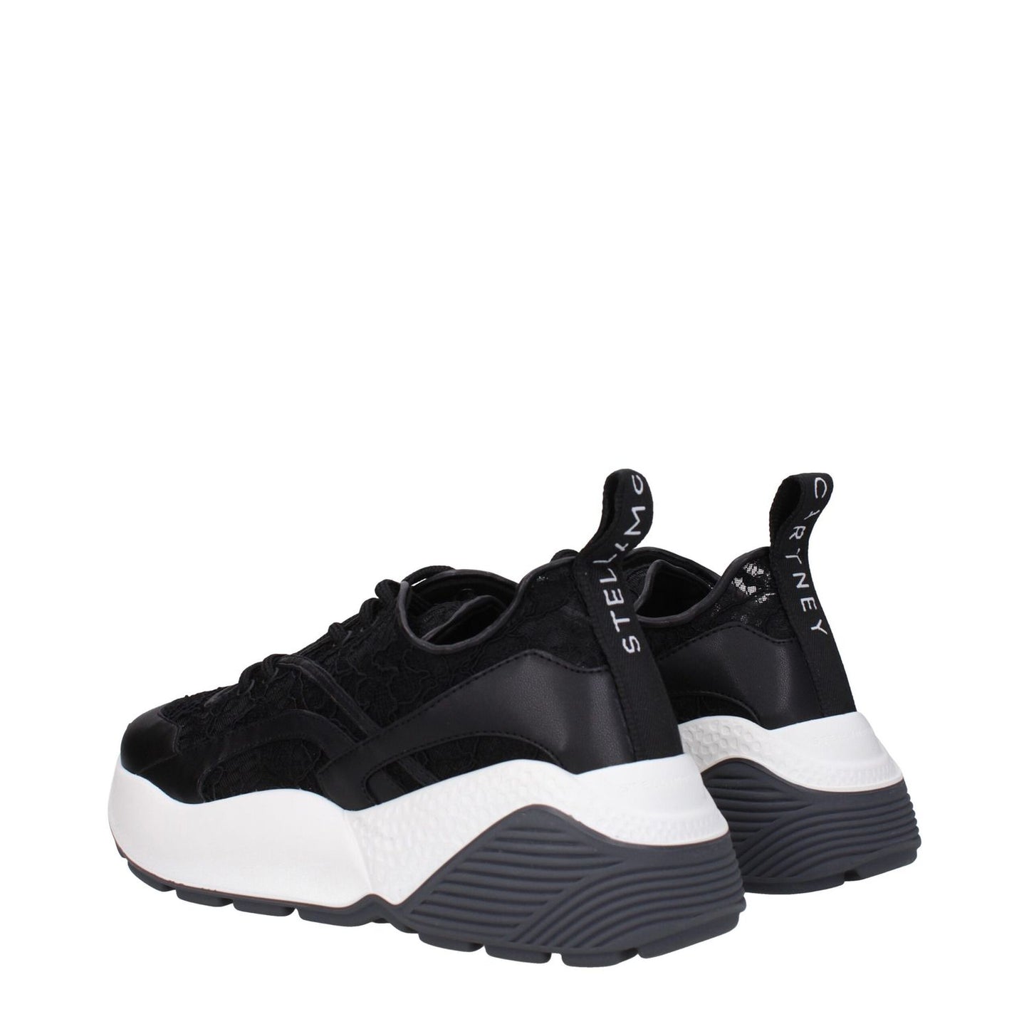 Stella McCartney Black Fabric Chunky Sneakers with lace-up closure and back logo, featuring a 6 cm mid heel and rubber sole.