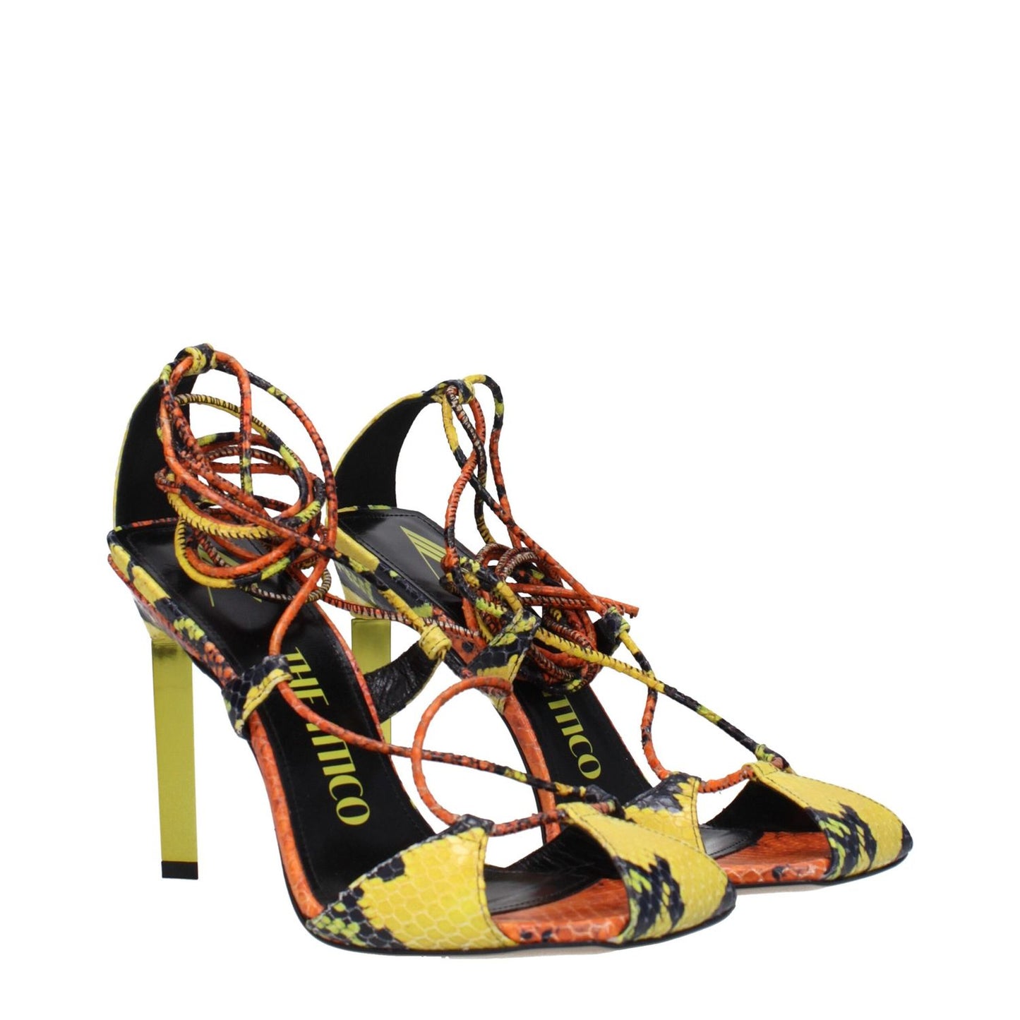 The Attico Orange Leather Stiletto Heel Sandals, vintage style with snake print and high heel, open toe, self-tie closure, 11 cm heel height.
