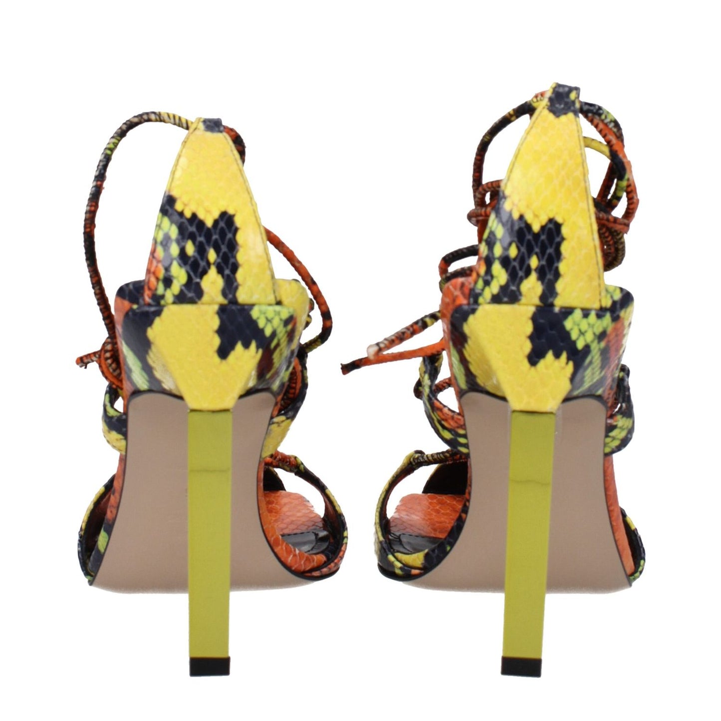 The Attico Orange Leather Stiletto Heel Sandals, vintage style with snake print, open toe, high heel with yellow accents, MPN S411EL003547.
