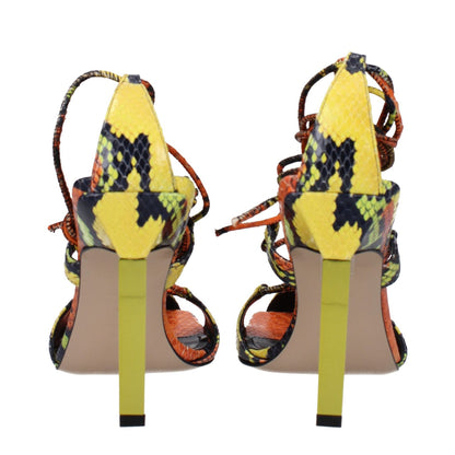 The Attico Orange Leather Stiletto Heel Sandals, vintage style with snake print, open toe, high heel with yellow accents, MPN S411EL003547.