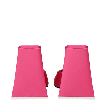 Back view of The Attico Pink Fabric Platform Sandals with high heel and open toe design, showcasing the stylish leather sole and unique heel shape.