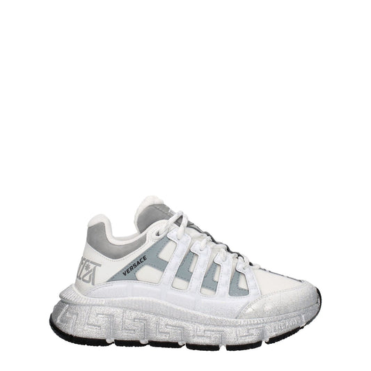 Alt Tag: Versace White Fabric Athletic Sneakers with logos, lace-up closure, rubber sole, silver accents, and 5cm heel.