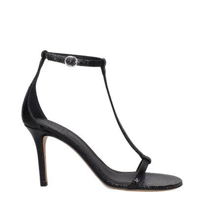 Isabel Marant Black Leather Stiletto Heel Sandals with buckle closure and open toe design. High heel, python print.