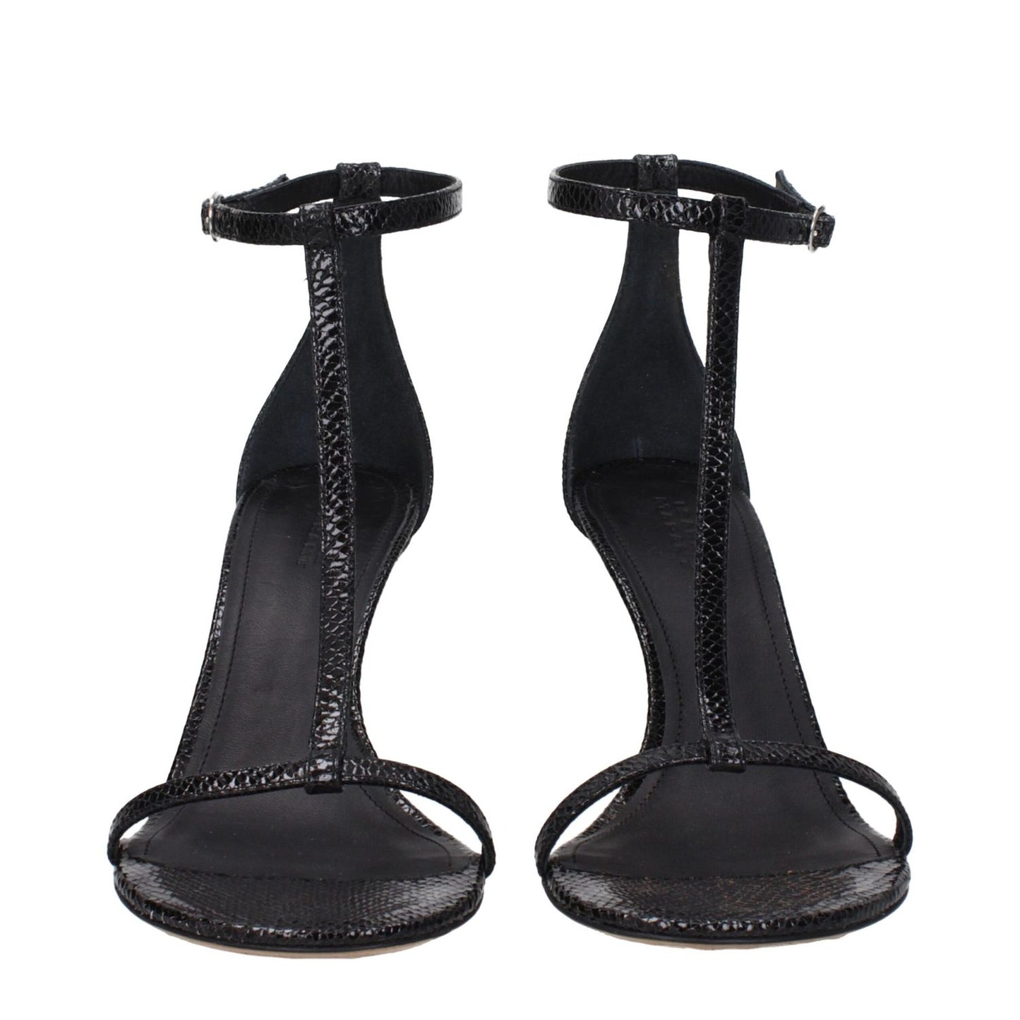 Isabel Marant Black Leather Stiletto Heel Sandals with buckle closure and open toe design, featuring python print and 8.5 cm heel.