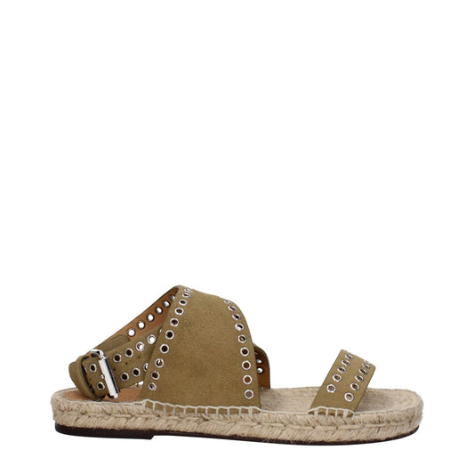 Isabel Marant Green Leather Flat Sandals with studs on suede, featuring a buckle closure and open toe design on a leather sole.