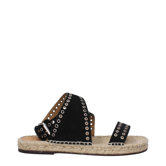 Isabel Marant Black Leather Flat Sandals with studs, silver buckle closure, open toe, low flat heel, leather sole, MPN EP0003FAB1C02S01BK.