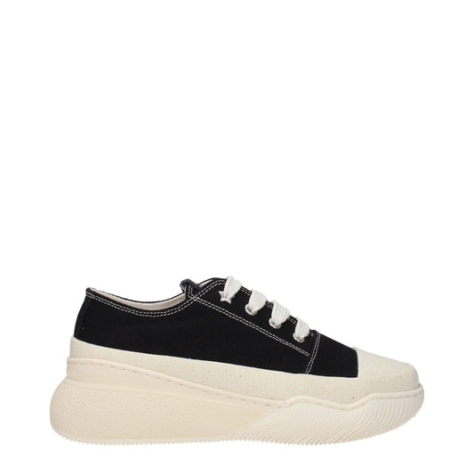 Stella McCartney Black Fabric Chunky Sneakers with lace-up closure, rubber sole, round toe, mid heel, side view.