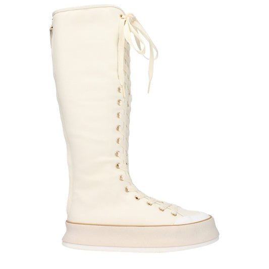 Max Mara Beige Fabric Lace-Up Boots with vintage effect, wedge heel, and round toe, casual style, rubber sole, canvas color accents.