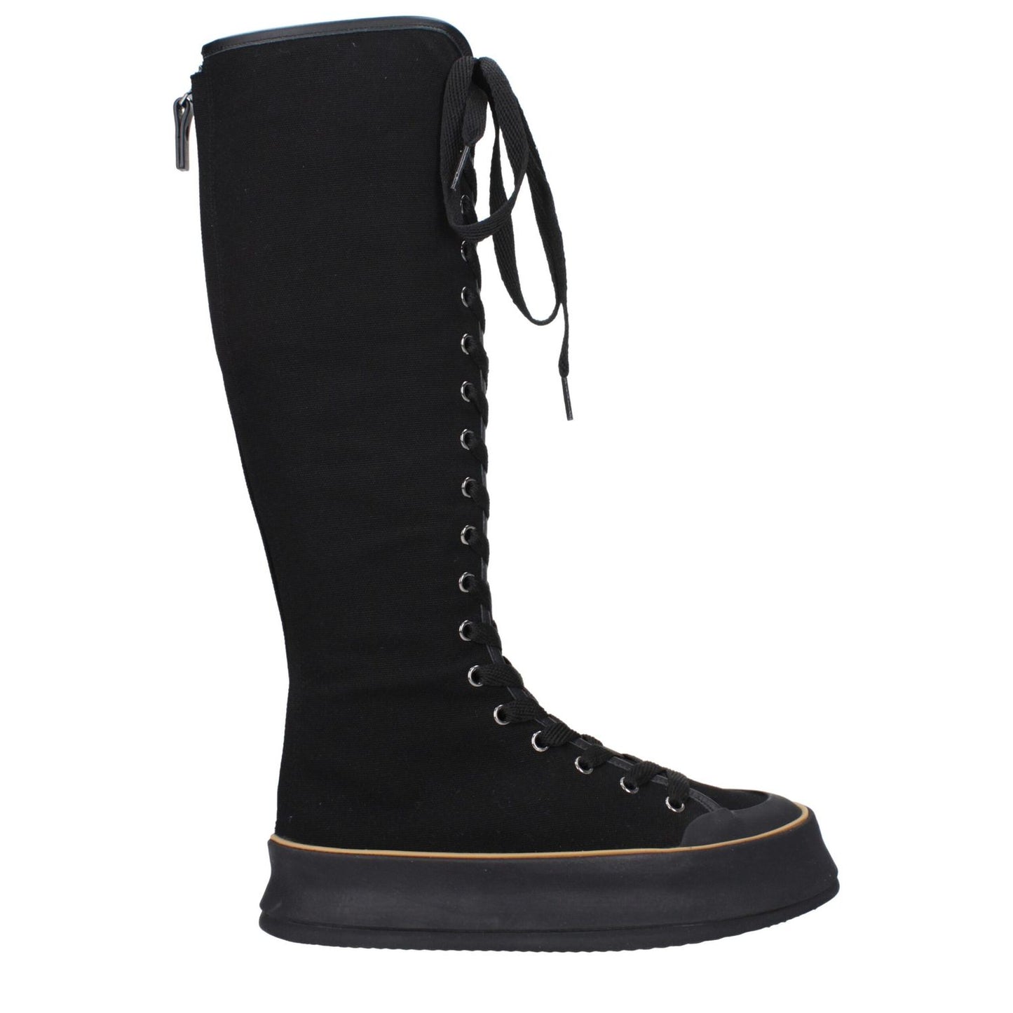 Max Mara Black Fabric Lace-Up Boots with vintage effect, round toe, and rubber wedge sole, side view showing lace-up closure.