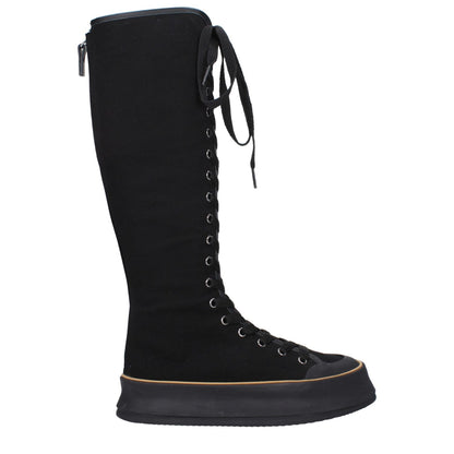 Max Mara Black Fabric Lace-Up Boots with vintage effect, round toe, and rubber wedge sole, side view showing lace-up closure.