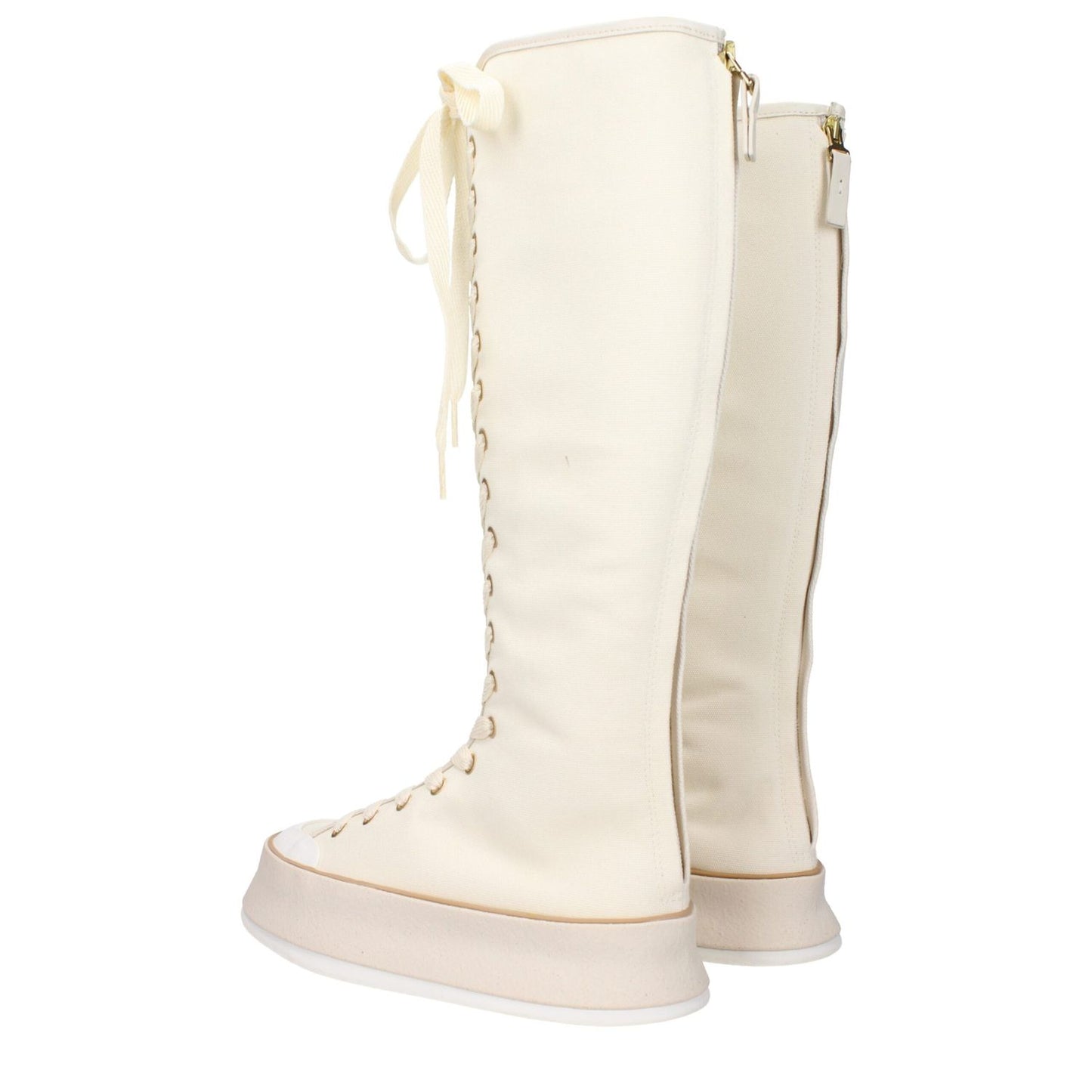 Max Mara Beige Fabric Lace-Up Boots with vintage effect, round toe and wedge heel, styled for casual looks.