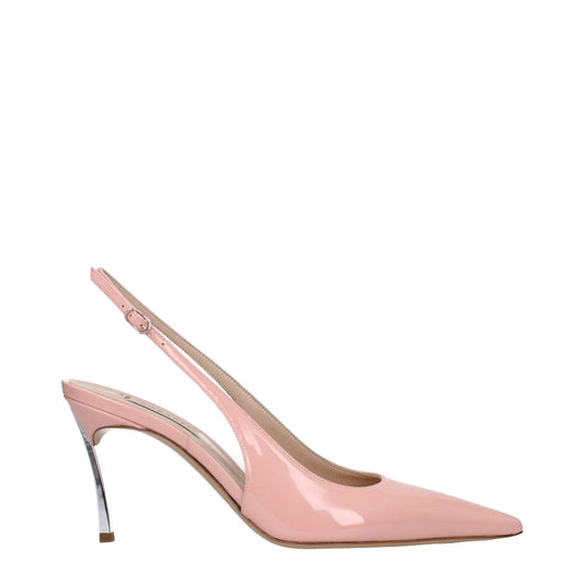 Casadei Pink Leather High Heel Pumps with pointy toe and buckle closure, featuring mid heels and silver accents.