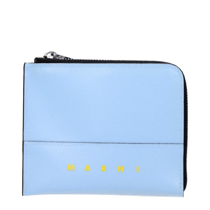 Front view of Marni Blue Polyethylene Wallet with logo in silver and light blue colors. MPN: PFMI0095A0P576900B21, size 9.5×11.5 cm.