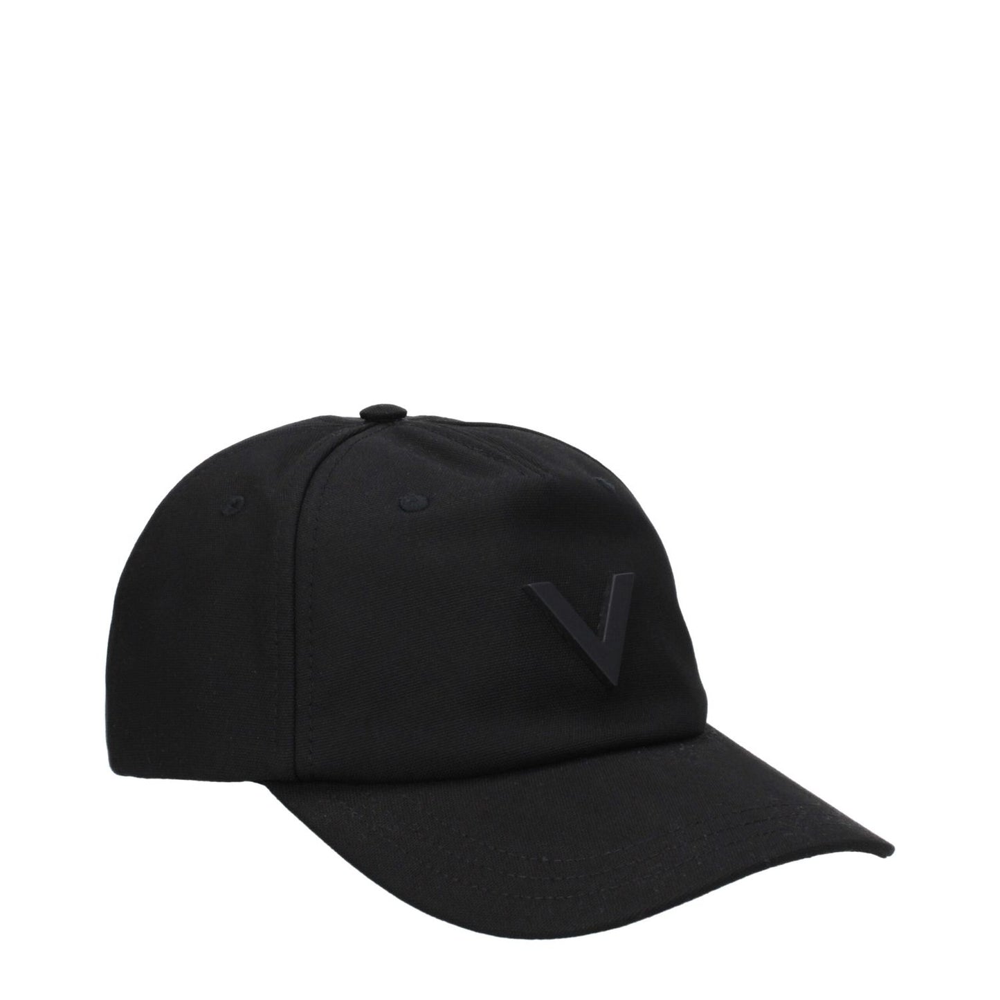 Valentino Garavani Black Cotton Cap (Baseball Hat) with front logo and adjustable straps, MPN HDA10VIB0NO, featuring buckle closure.