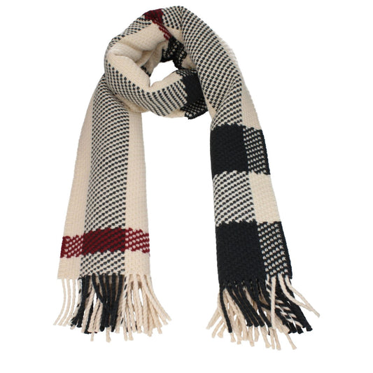 Burberry Beige Wool Scarf with check print and fringes, MPN 8079240, measuring 50x202 cm, 100% wool, stylish winter accessory.