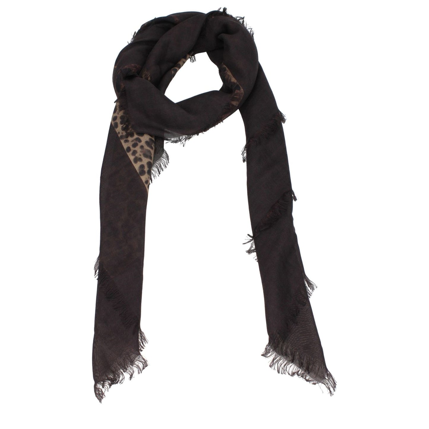 Valentino Garavani Brown Cashmere Foulard with leopard print, 70% cashmere and 30% silk, featuring fringes and front logo, 140x140 cm dimensions.