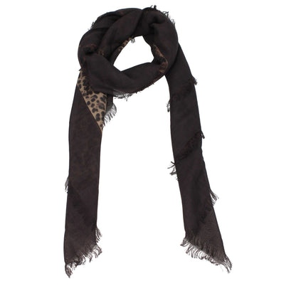 Valentino Garavani Brown Cashmere Foulard with leopard print, 70% cashmere and 30% silk, featuring fringes and front logo, 140x140 cm dimensions.