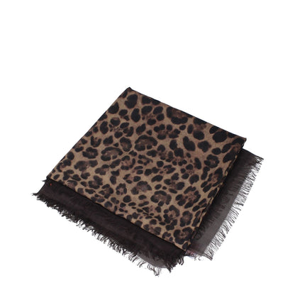Valentino Garavani Brown Cashmere Foulard with leopard print, fringes, and logo, made of 70% cashmere and 30% silk, size 140x140 cm.