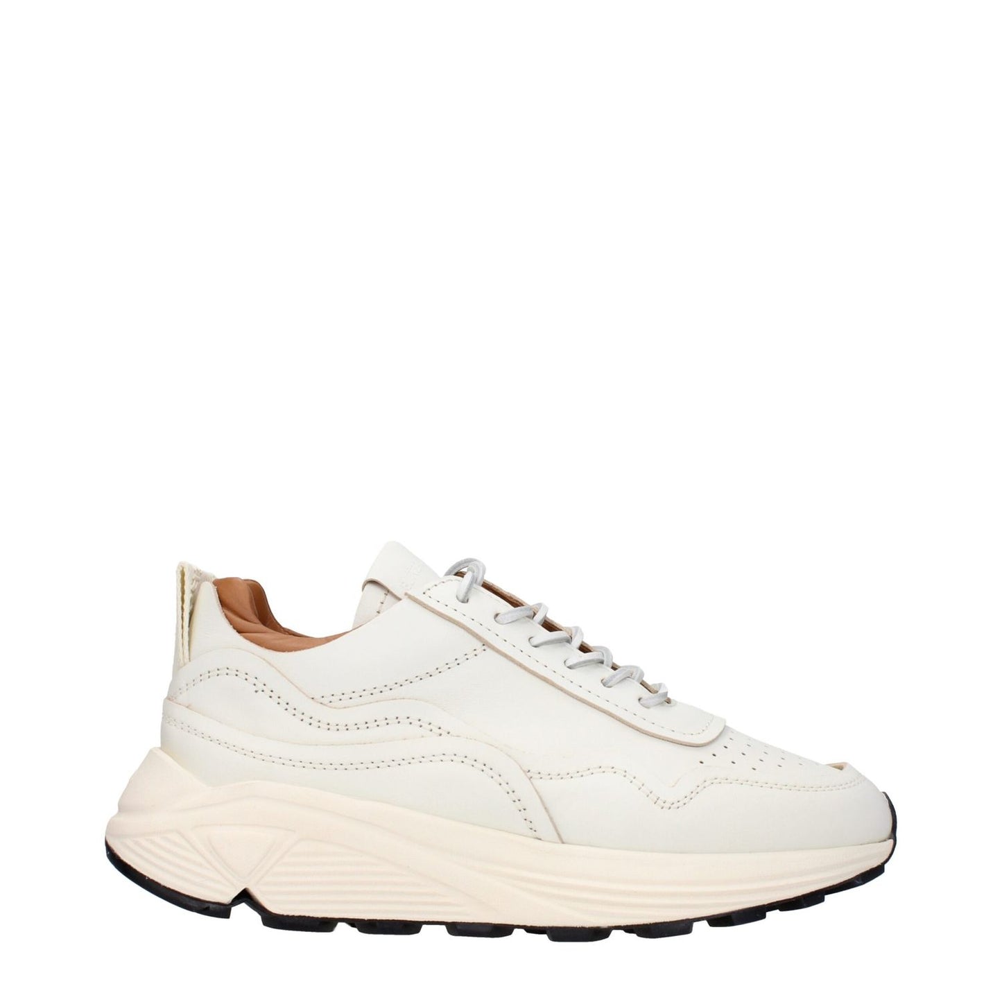 Buttero White Leather Low Top Sneakers with lace-up closure and rubber sole, featuring front and back logos in varying colors.