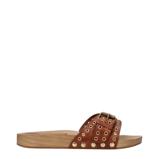 Isabel Marant Brown Leather Slippers with buckle closure and open toe, rubber sole, low and flat heel, cognac accents.