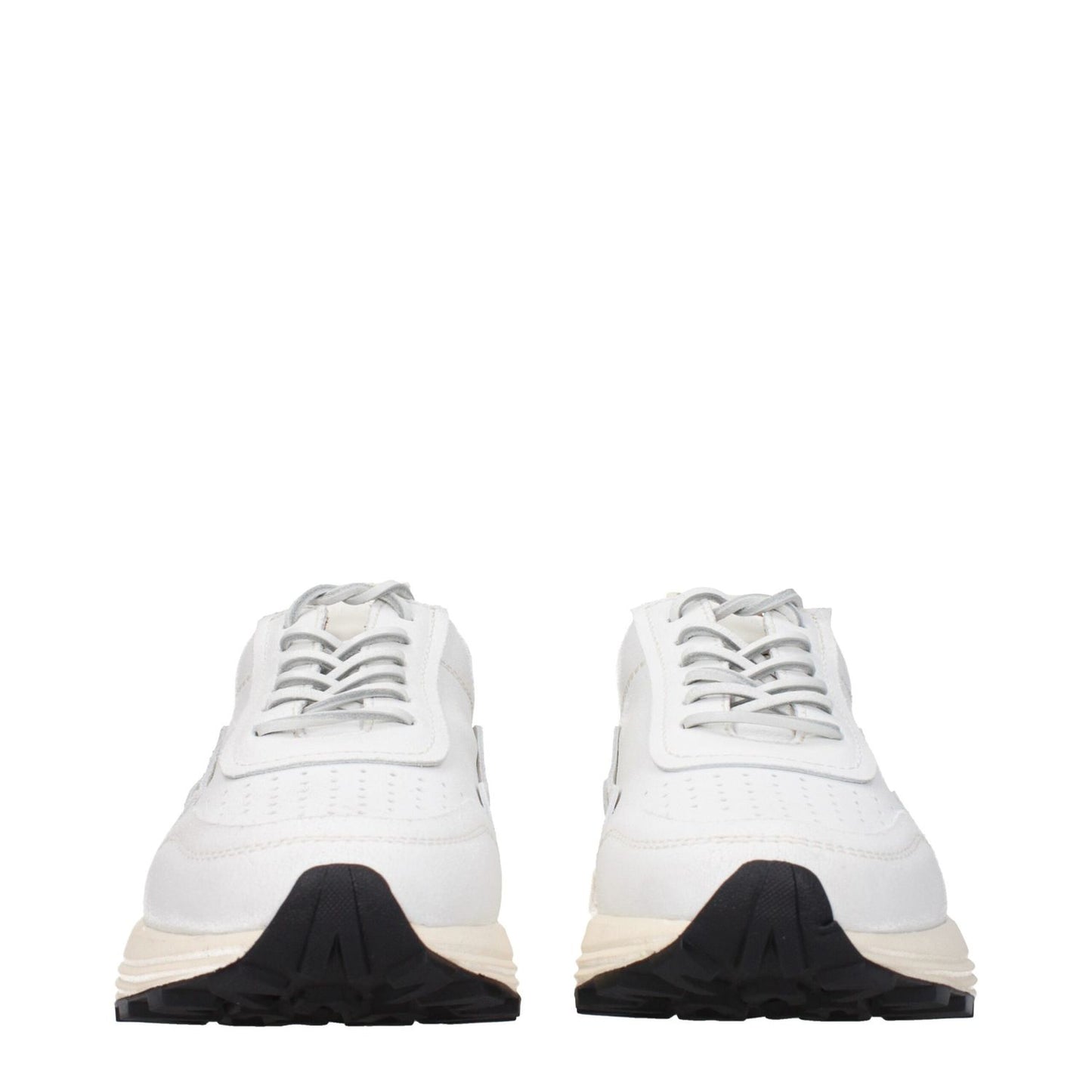 Buttero White Leather Chunky Sneakers with lace-up closure, vintage effect, round toe, mid heel, and rubber sole.